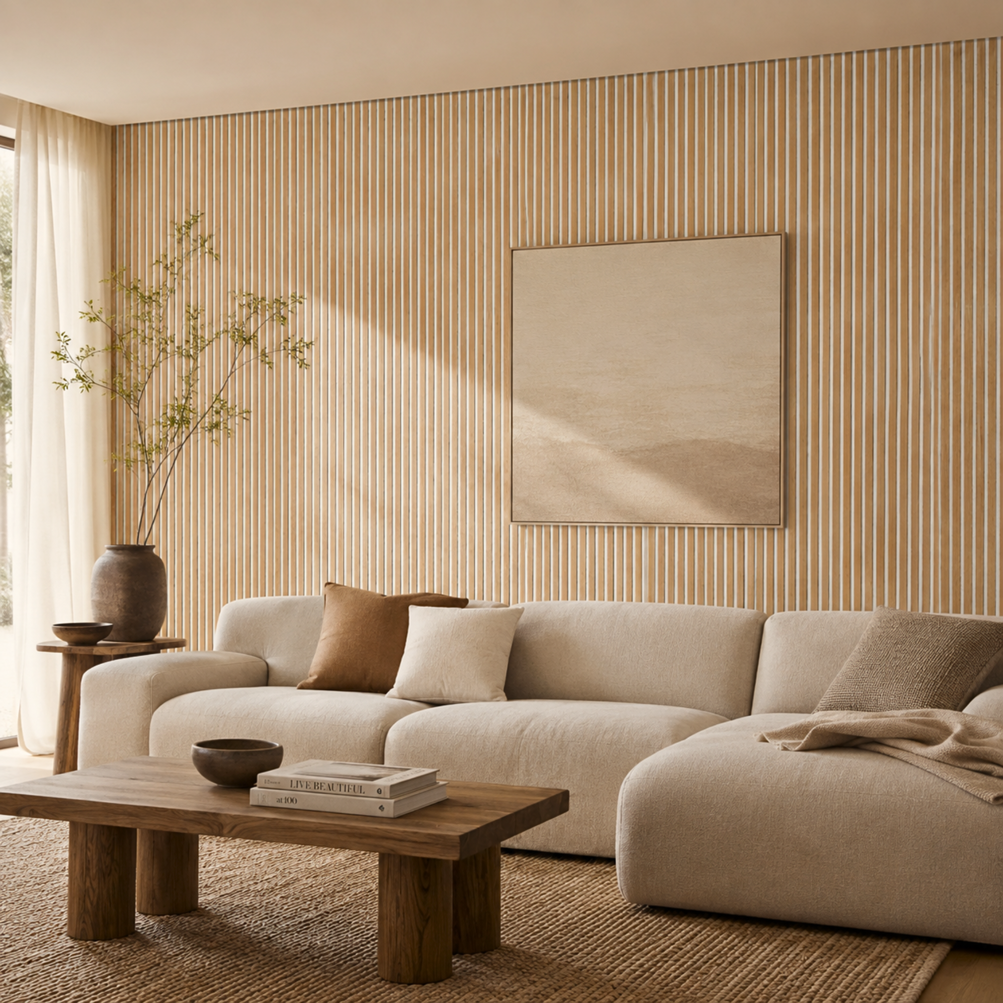 Natural Oak (White Felt) Acoustic Slat Wall Panel - 290cmx60cm